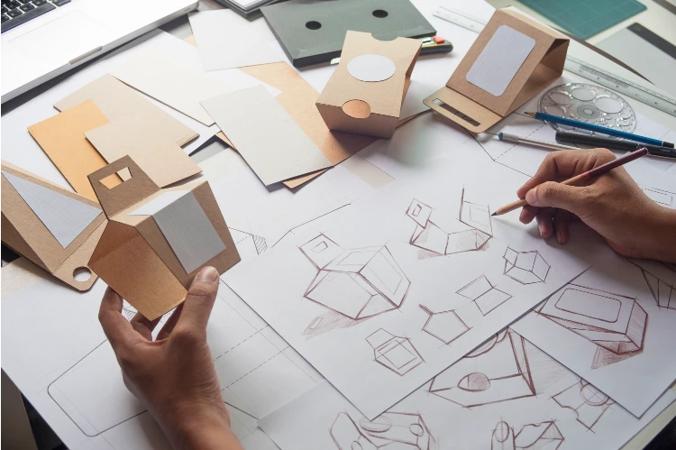 A person drawing on paper with cardboard boxes.