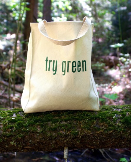 A bag that says try green on it.