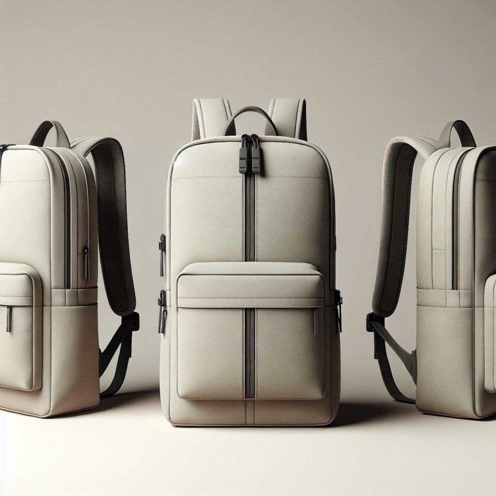 Three backpacks are lined up against a wall.