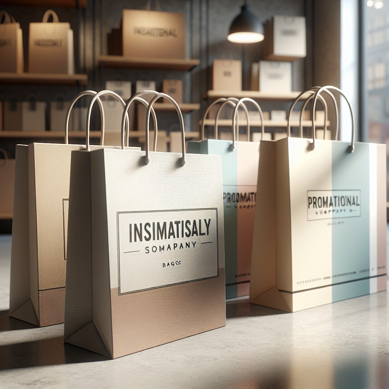 Three bags of shopping on a counter in front of shelves.