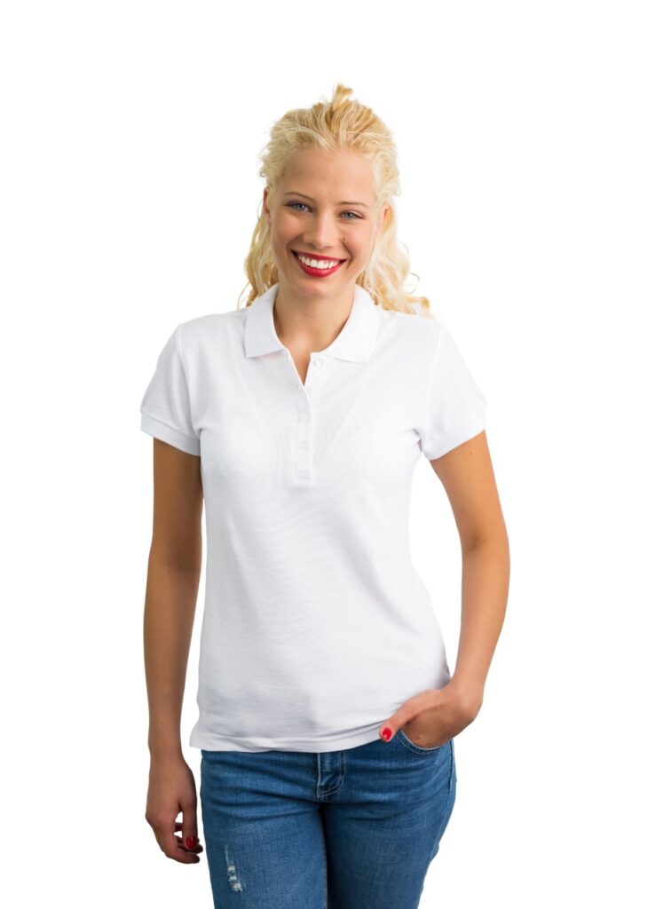 A woman wearing white polo shirt and jeans.